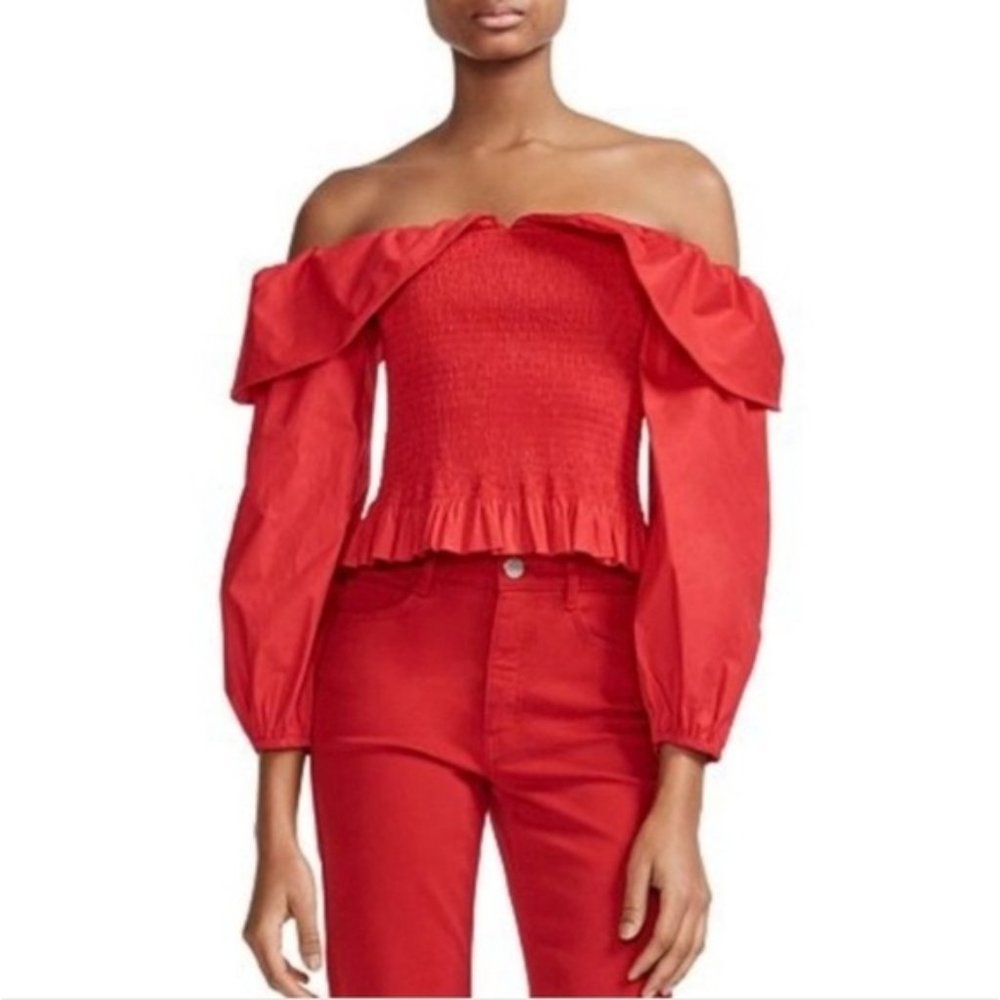 MAJE Lenda Blouse Smocked Long Sleeve Off Shoulder  Ruffle Top Red 1 Small